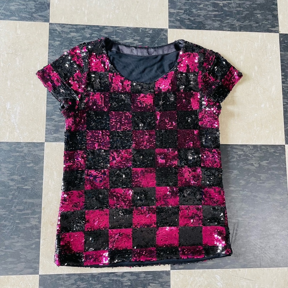 Alice+Olivia sequin checker board link n black top